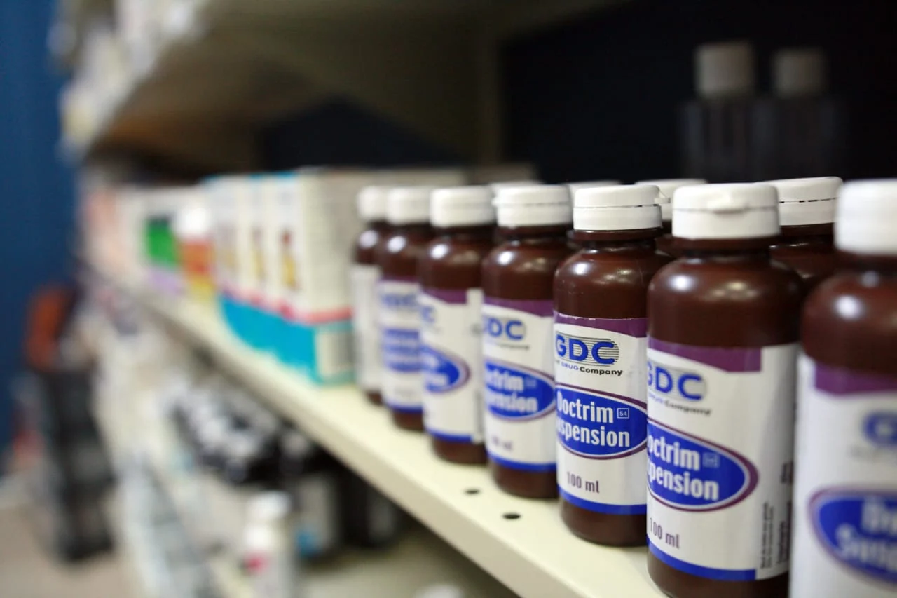 Medication bottles on the practice shelves